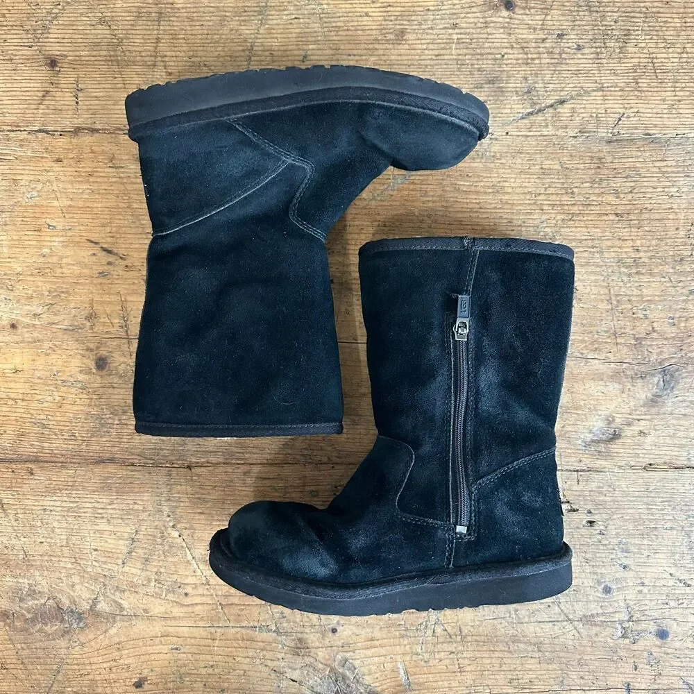UGG Australia Boots Lil Sunshine II Kids Girls Sz 2 Fur Lined Black Suede Zip Up